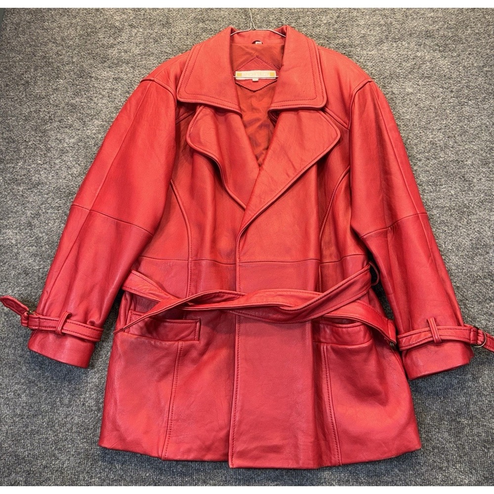 Architect Women's L Red Leather Trench Coat Belted Genuine Leather Jacket